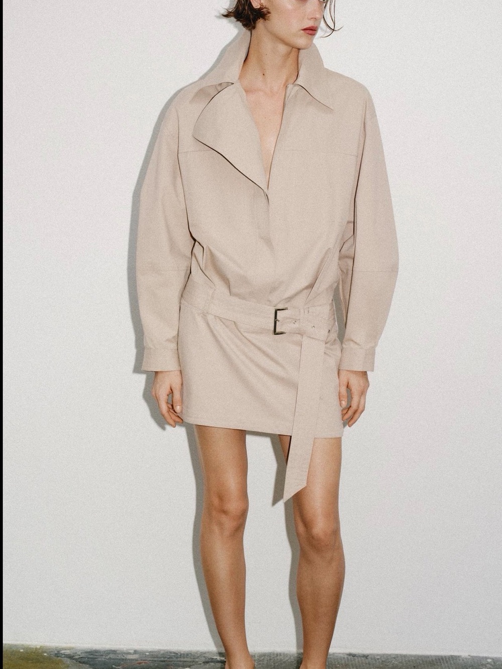 Zara Beige Belted Trench-Style Mini Coat